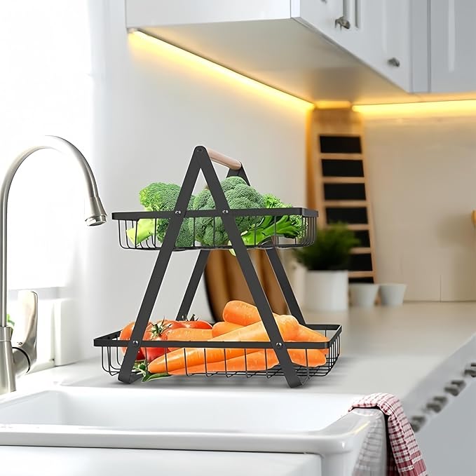 Kitchen Organizer / 2 and 3 Wooden Handled Counter Top Fruit and vegetables Baskets / Made of prime quality iron frame having powder coating on it