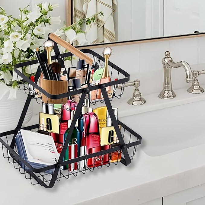 Kitchen Organizer / 2 and 3 Wooden Handled Counter Top Fruit and vegetables Baskets / Made of prime quality iron frame having powder coating on it