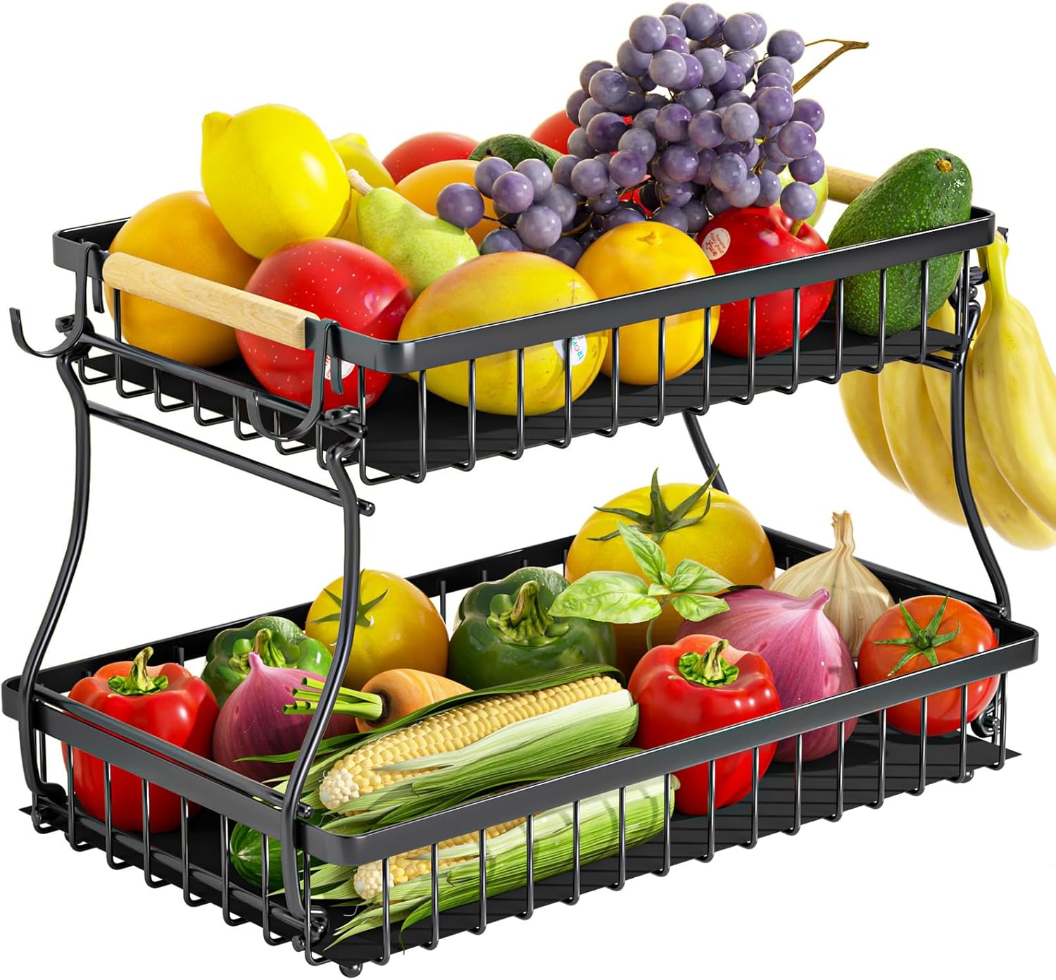 Kitchen Organizer / 2 and 3 Wooden Handled Counter Top Fruit and vegetables Baskets / Made of prime quality iron frame having powder coating on it