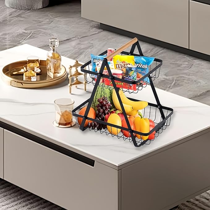 Kitchen Organizer / 2 and 3 Wooden Handled Counter Top Fruit and vegetables Baskets / Made of prime quality iron frame having powder coating on it