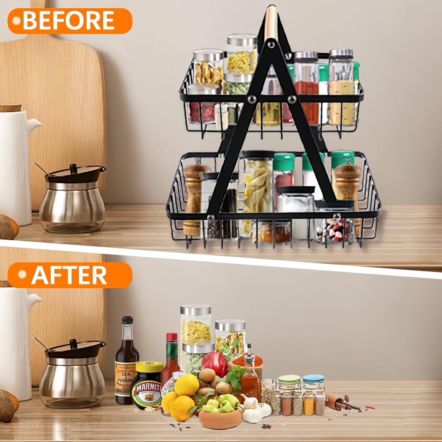 Kitchen Organizer / 2 and 3 Wooden Handled Counter Top Fruit and vegetables Baskets / Made of prime quality iron frame having powder coating on it