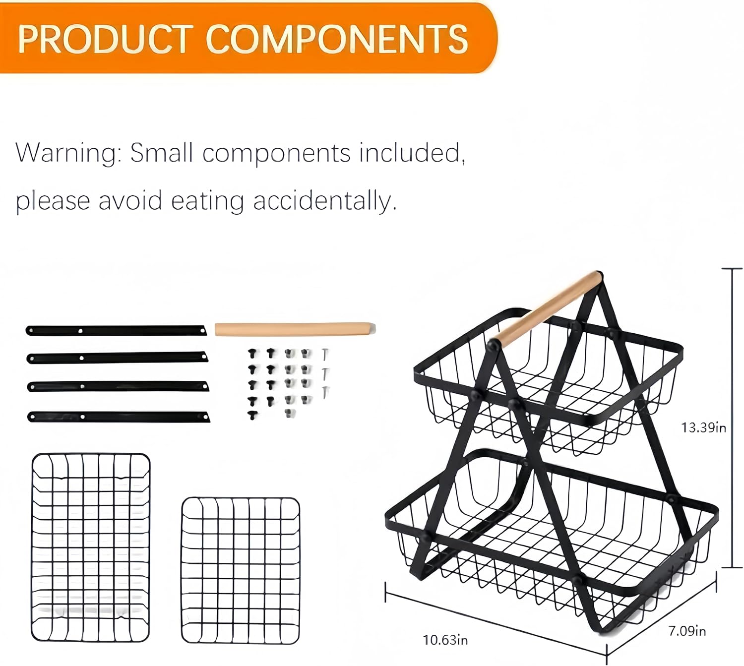 Kitchen Organizer / 2 and 3 Wooden Handled Counter Top Fruit and vegetables Baskets / Made of prime quality iron frame having powder coating on it