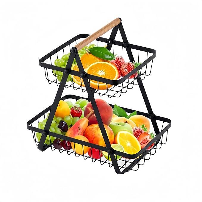 Kitchen Organizer / 2 and 3 Wooden Handled Counter Top Fruit and vegetables Baskets / Made of prime quality iron frame having powder coating on it
