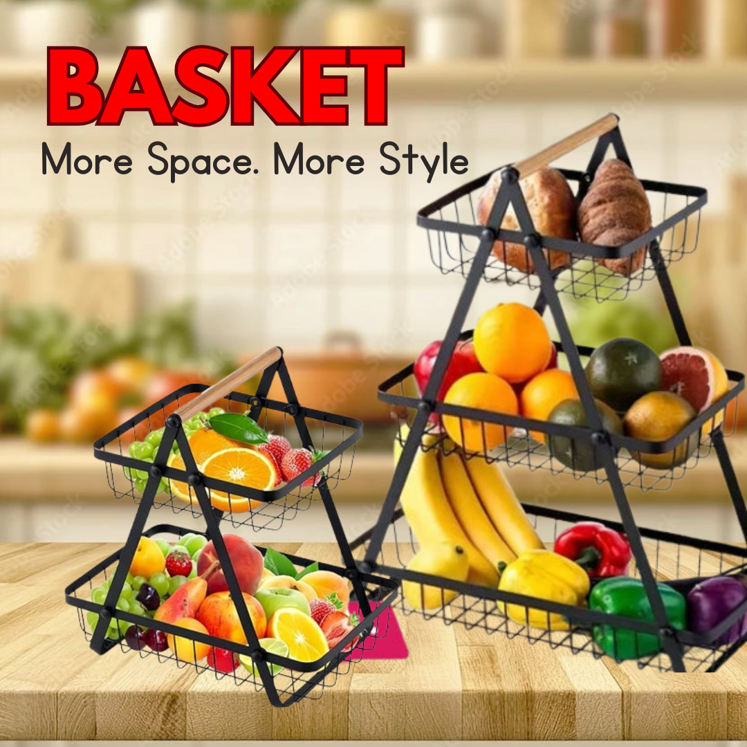 Kitchen Organizer / 2 and 3 Wooden Handled Counter Top Fruit and vegetables Baskets / Made of prime quality iron frame having powder coating on it