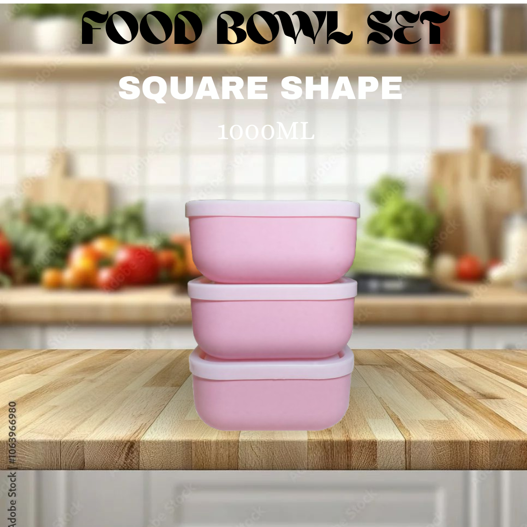Food Bowl Set / Pack of Two and Three / Square Shape with Hard Lid